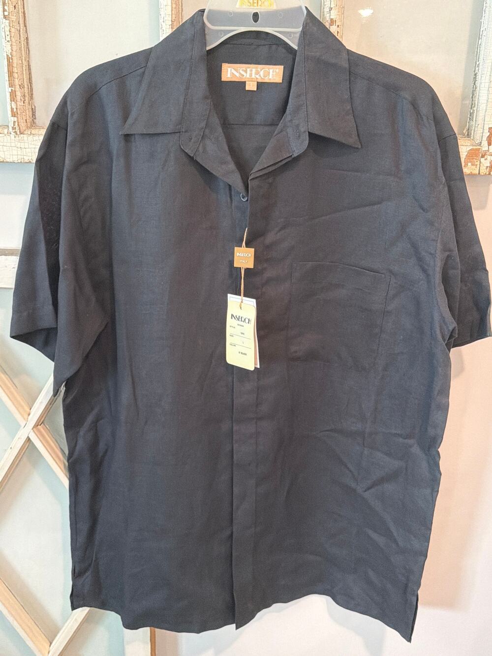 NWT Inserch size large black linen short sleeve shirt
